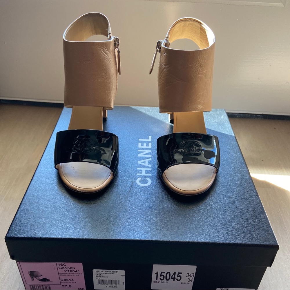 Chanel Open Toe Sandals Heels 37.5 Black Beige - Picture 2 of 9